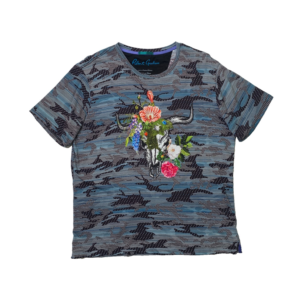 Robert Graham T Shirt Men L Large Cyan Black Floral Bull Skull Camo Graphic Crew
